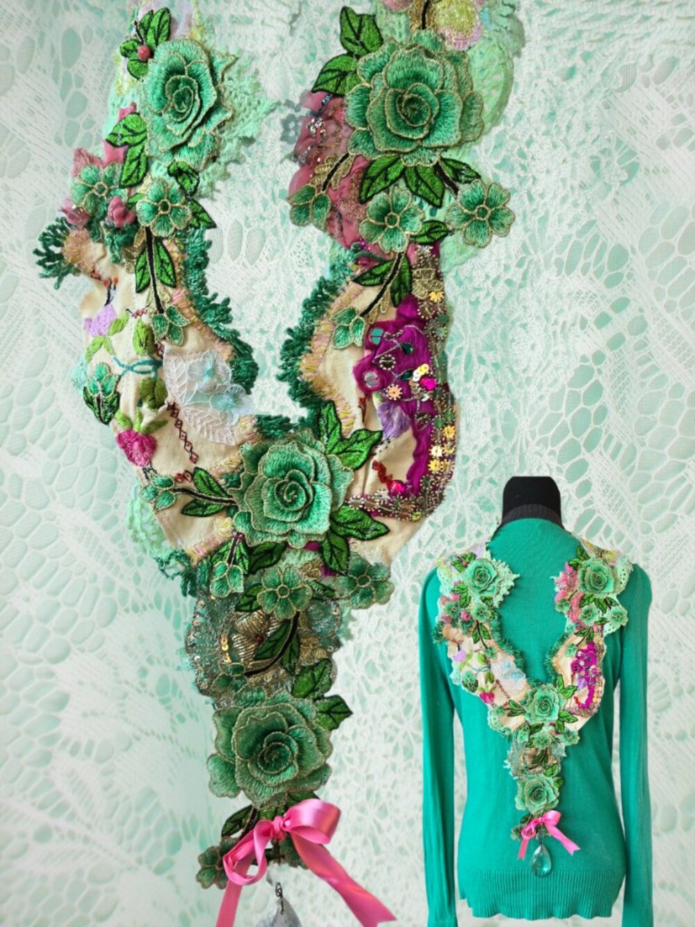 🌿Handmade Vintage Style Rose Embroidered Scarf Collar Necklace  in Green